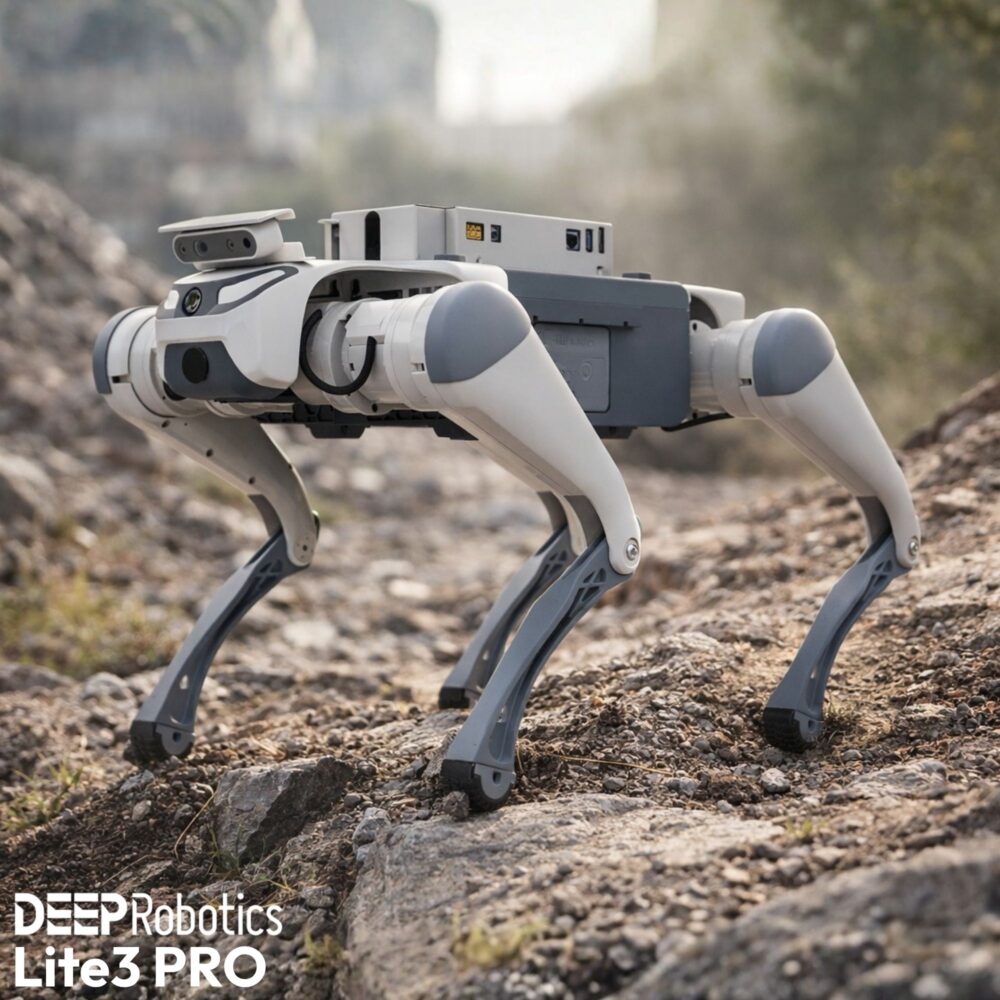 Robotický pes Lite3 PRO kráča po nerovnom kamenistom teréne a demonštruje stabilný pohyb a schopnosť prekonávať prekážky v exteriéri.