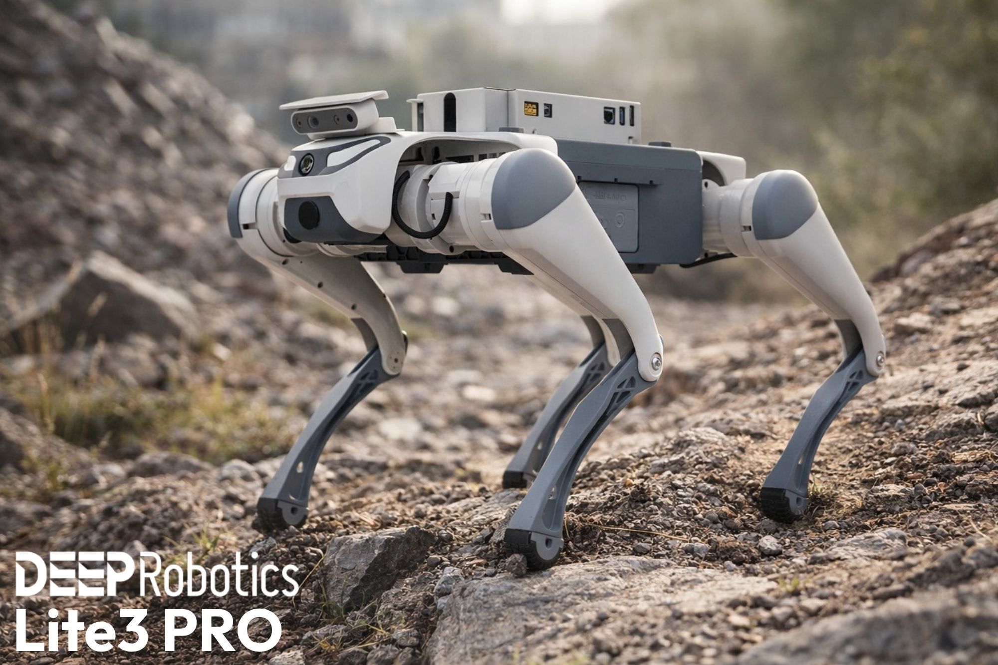 Robotický pes Lite3 PRO kráča po nerovnom kamenistom teréne a demonštruje stabilný pohyb a schopnosť prekonávať prekážky v exteriéri.