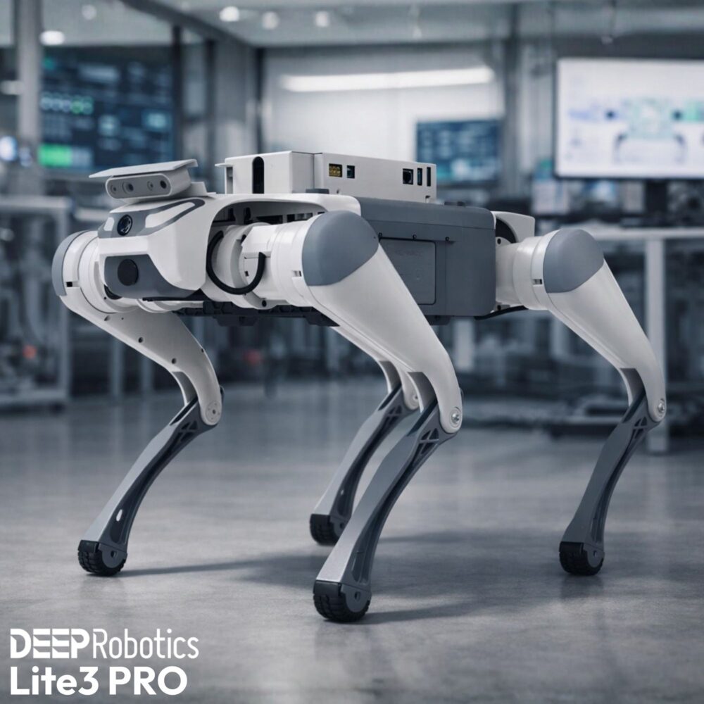 Robotický pes DEEP Robotics Lite3 PRO stojaci v interiéri – kompaktný quadruped robot pre výučbu a vývoj