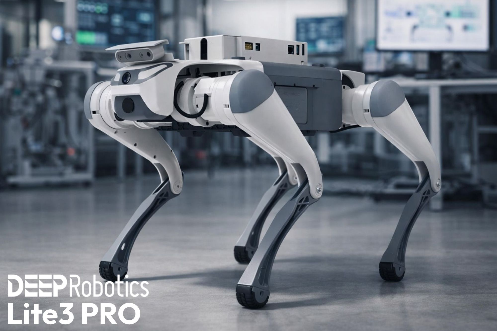 Robotický pes DEEP Robotics Lite3 PRO stojaci v interiéri – kompaktný quadruped robot pre výučbu a vývoj