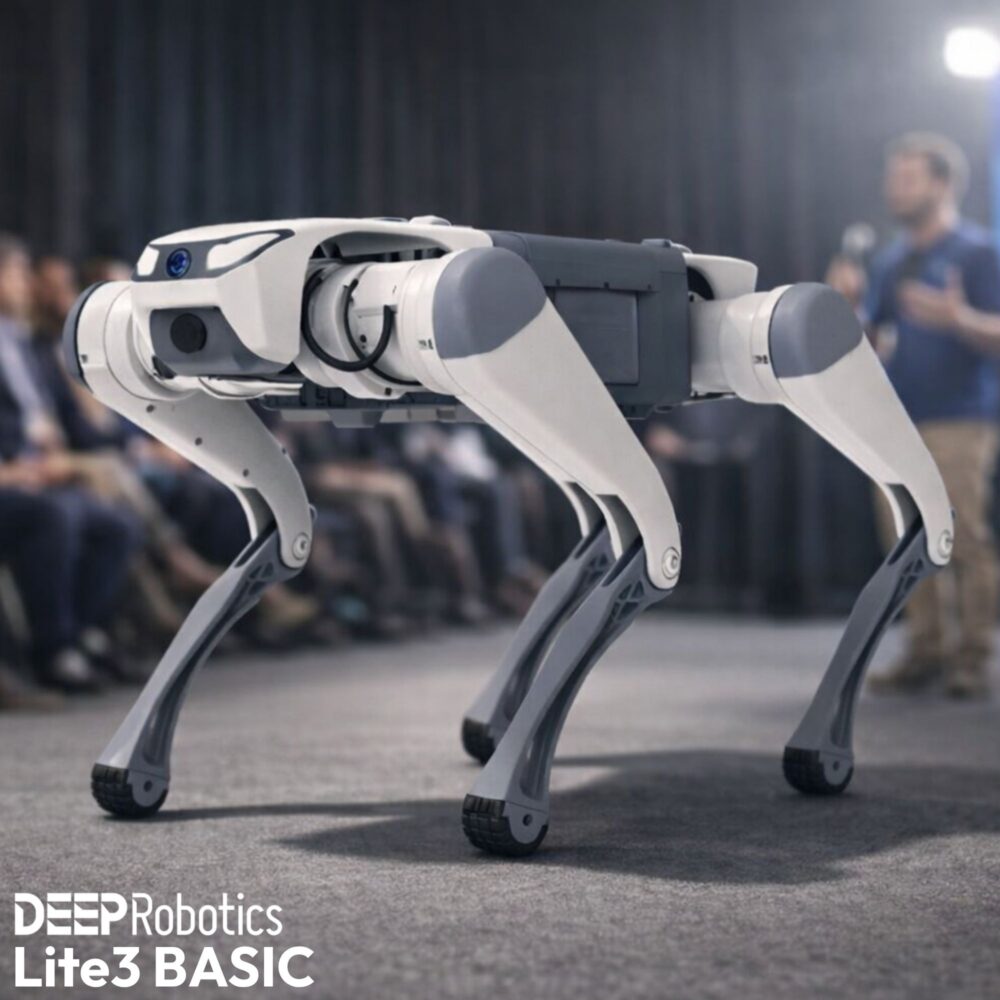 Robotický pes Lite3 BASIC prezentovaný na technologickom evente, sleduje okolie a interaguje s publikom